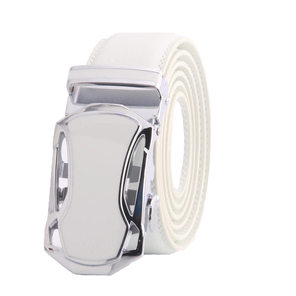 White Mens Adjustable Ratchet Slide Buckle Belt - Genuine Leather