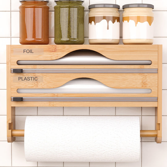 1pc Bamboo Kitchen Wrap Organizer - 4-in-1 Wall Mount Storage for