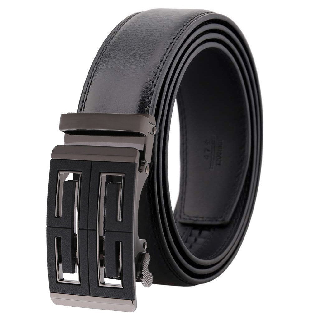 Mens Black Adjustable Ratchet Slide Buckle Belt - Genuine Leather