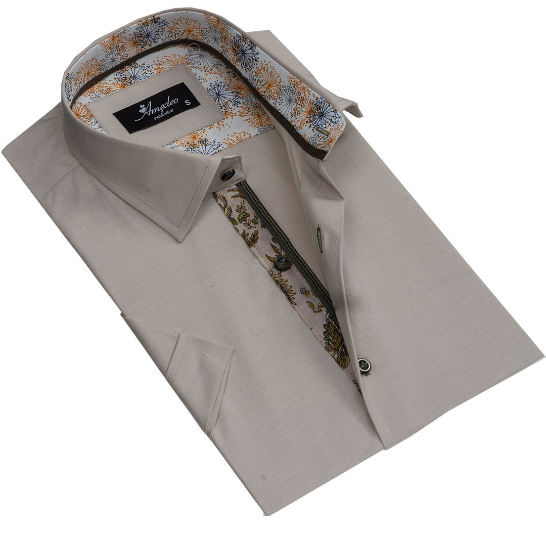 Solid Beige Mens Short Sleeve Button up Shirts - Tailored Slim Fit