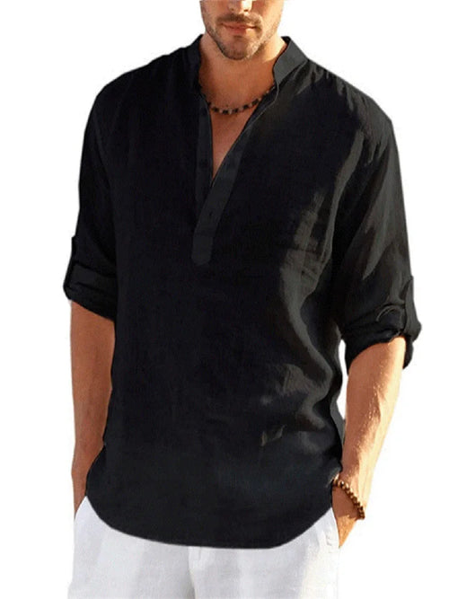 2024 Summer Men Cotton Shirts Loose Casual Blouse V-neck Solid Color