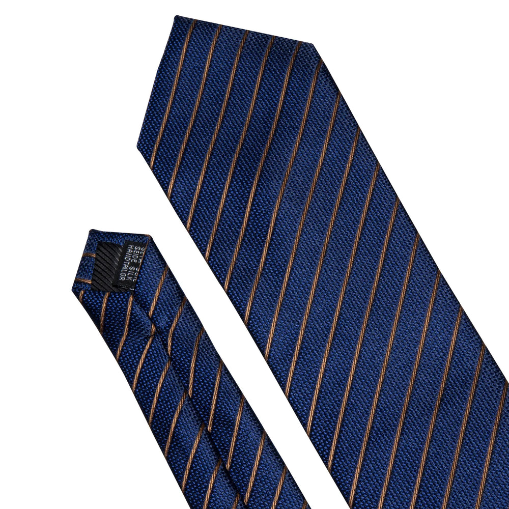 Men Tie Gold Navy Blue Striped Silk Tie 3.4" Jacquard Party