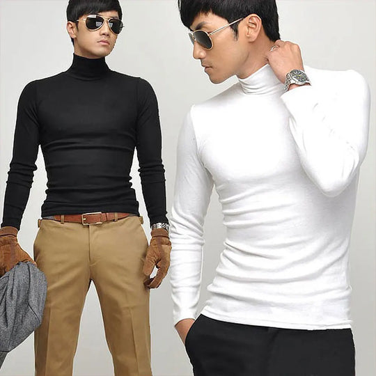 Autumn Winter Black White Men's Long-sleeve T-shirt Turtleneck