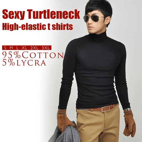Autumn Winter Black White Men's Long-sleeve T-shirt Turtleneck