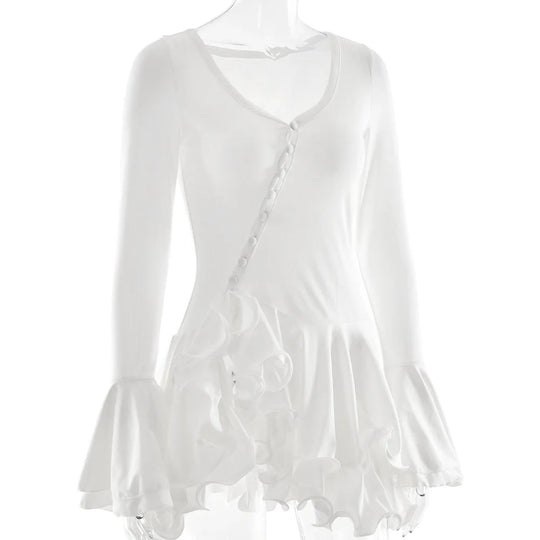 Flare Sleeve Ruffle Sexy V Neck Mini Dress Women Robe Irregular Single-breasted High Waist Slim A-line Club Dress