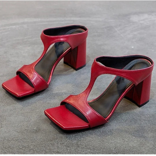 Women's High Heel Shoes 2022 Spring New Slippers Fashion Versatile Solid Color Medium Heel Thick Heel Square Toe Sandals Women