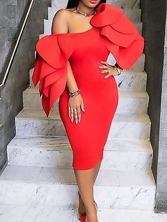 Design sense: niche, sexy, one shoulder lotus leaf edge banquet dress, hip hugging skirt, women's party dress