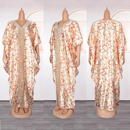 Party Dress Women Elegant Luxury V Neck Batwing Sleeve Sequined Loose Birthday Party Dinner Dress Cloth: Floor Length