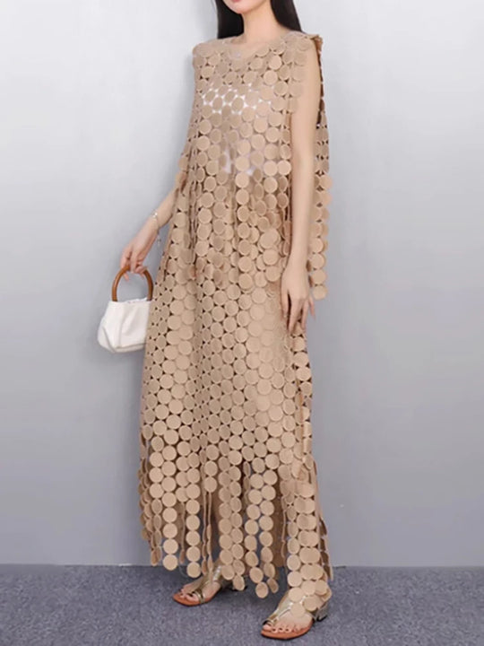 Khaki Hollow Out Tassels T-shirt Half-body Skirt Two Pieces Suit New Round Neck Women Fashion Spring Summer