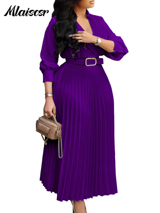 Purple Fashion Belt V-Neck Long Sleeve A-Line Pleated Dress Women Elegant Slim Evening Party Club Vestidos African Robe