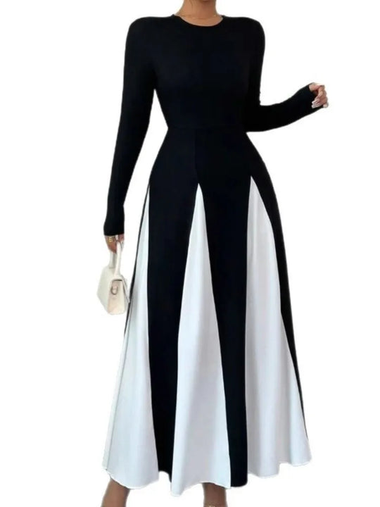 Spring & Autumn Women's Long Sleeve Round Neck A Line Contrast Color Dress, Stylish Black & White Patchwork Long Dress