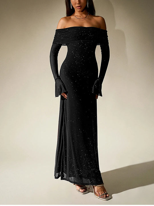 NewAsia Women's Bell Sleeve Off Shoulder Sequin Long Dress Backless