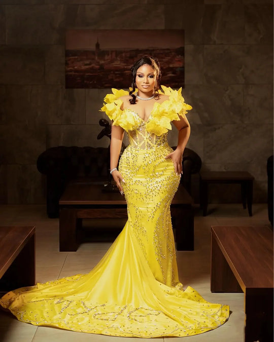 For Special Occasions Florals Rhinestones Sheer Neck Evening Formal Party  Birthday Yellow Mermaid Prom Dress