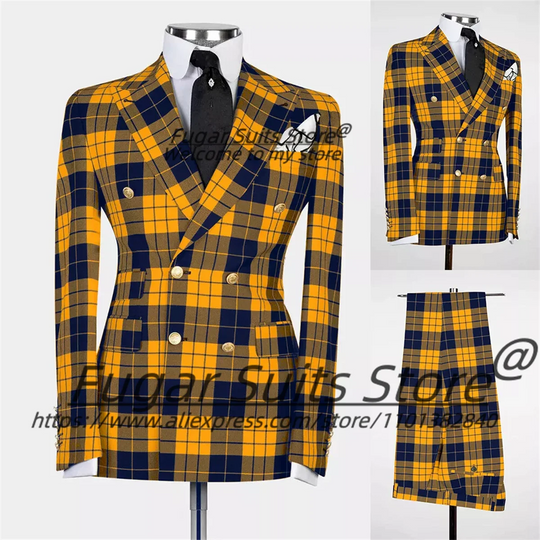 British Plaid Men Suits Slim Fit Double Breasted Groom Wedding Tuxedos 2 Pieces Sets Elegant Male Blazers Ropa Hombre