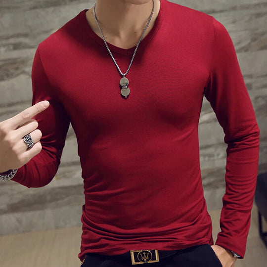 White Solid Color Basic Slim Men T-shirt Spring Autumn Bottoming Shirt