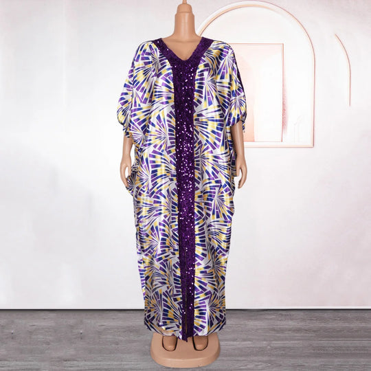Party Dress Women Elegant Luxury V Neck Batwing Sleeve Sequined Loose Birthday Party Dinner Dress Cloth: Floor Length
