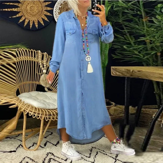 Women Fashion Long Dress Long Sleeve Shirt Dress Women's Denim Long Dress Pocket Button Shirt Casual Loose Dress
