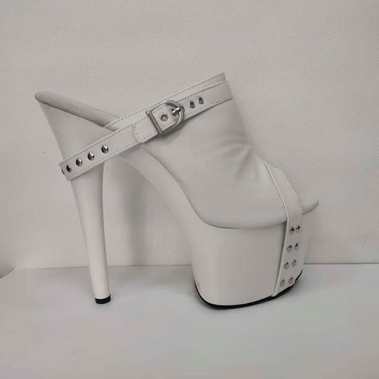17CM Women's High Heeled Shoes Thick Platform Gothic Shallow Slippers Rivet Big Size Nightclub 7 Inches White Party Buckle Strap