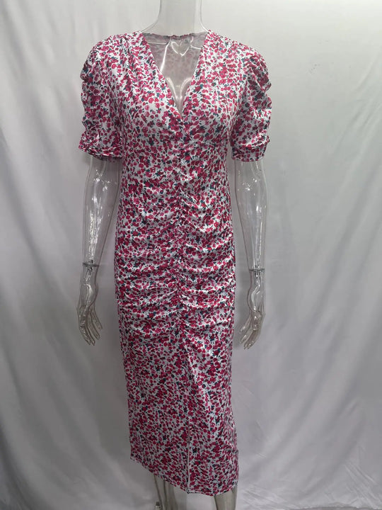 Summer Elegant Floral Long Dress For Women Sexy V Neck High Waist Short Sleeve Slim Package Hip Dress Female Office Lady Vestido