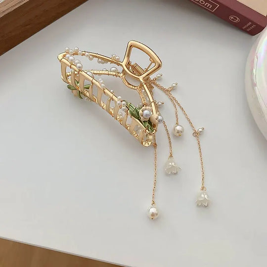 Imitation Pearl Flower Decor Charm Hair Claws For Women Girls Large