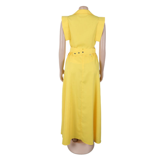 Women's Casual Solid Color Sleeveless Button Front Shirt Blouse and High Waist Big Swing Skirt 2pcs Set