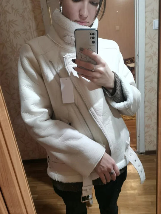 Ailegogo Winter Coats Women Thickness Faux Leather Fur Sheepskin