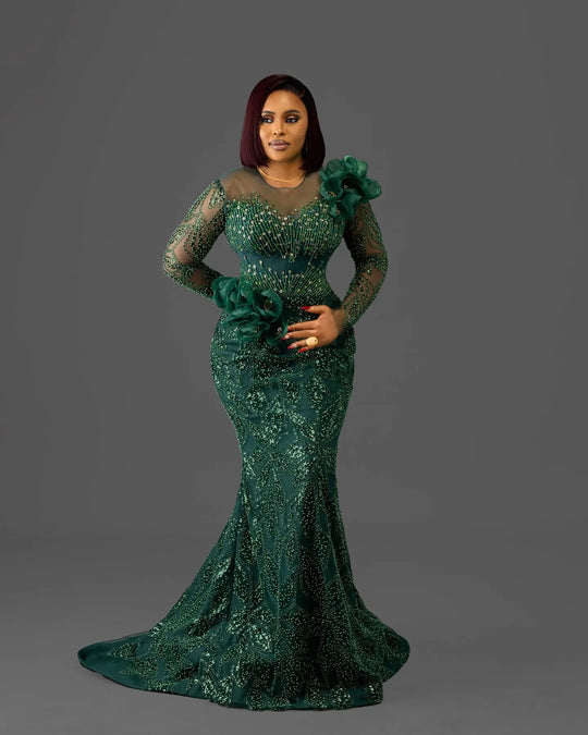 Curvy Size Dark Green Glitter Mermaid Prom Dress Lace