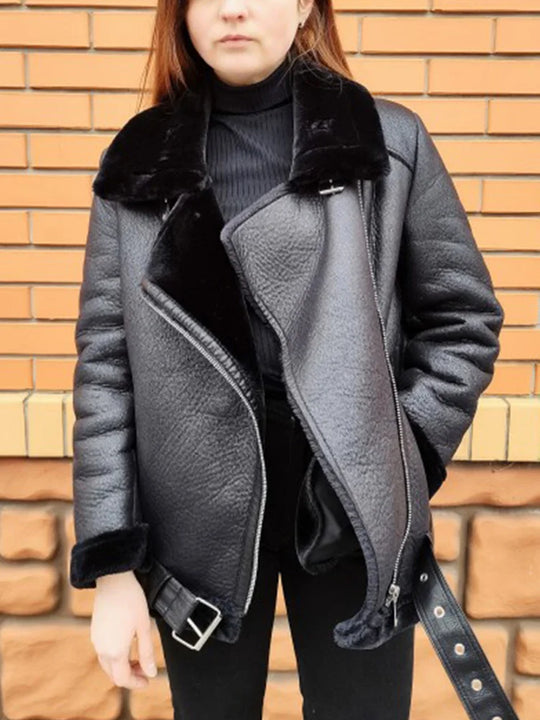 Ailegogo Winter Coats Women Thickness Faux Leather Fur Sheepskin