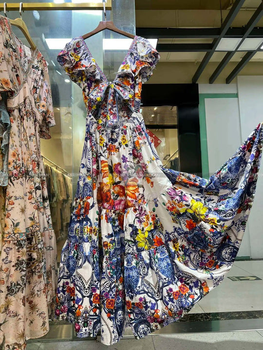 Women V Neck Crystal Beaded Flying Sleeve Retro Flower Print Elastic.