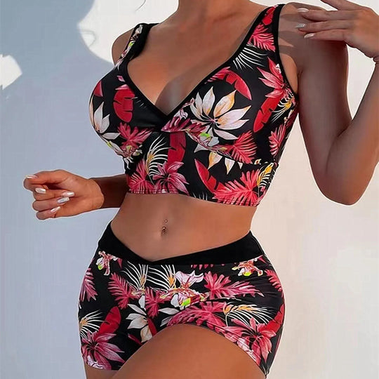 Women High Waisted Print Bikini Wide Shoulder Straps Border High Waist