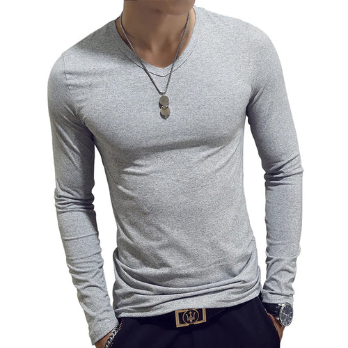 White Solid Color Basic Slim Men T-shirt Spring Autumn Bottoming Shirt