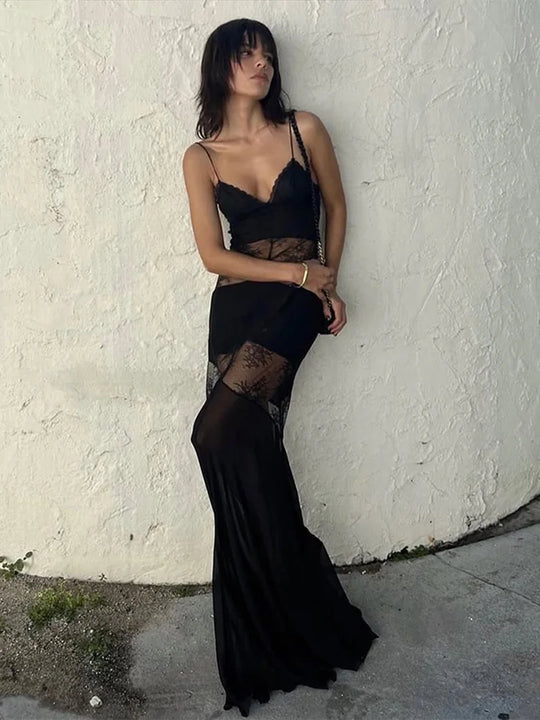 Lace See Through Sling Maxi Dress Women Sexy Slim Black Backless