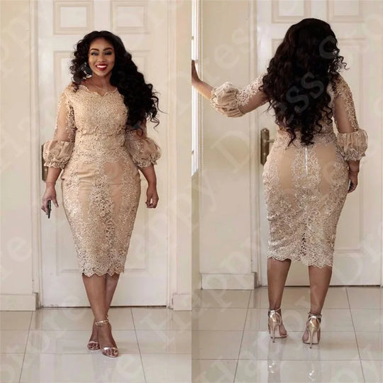 Customized Sexy Curvy Cocktail Party Dress Sheer Lace Applique 3/4 Sleeve Tea-Length Luxury Evening Dresses Dress For Women