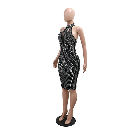 Backless Dress Sexy Wrap Buttocks Vestidos Women Party Dresses Sheath Slim Fit Spliced Summer Diamonds Knee Length