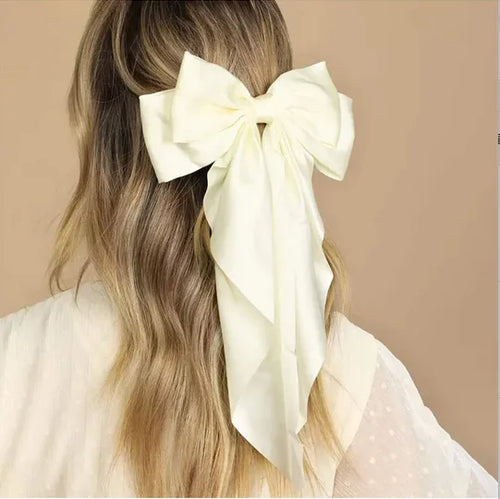 Women Bow Ribbon Hair Clip Fashion Simple Solid Satin Spring Clip Hair