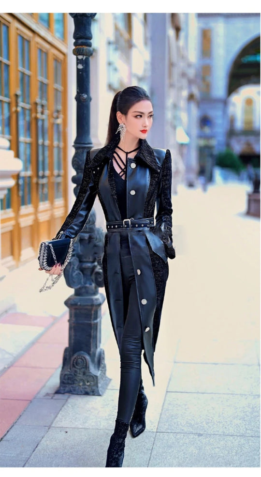 Spring Autumn Long Luxury Elegant Fitted Patchwork Pu Leather Trench Coat for Women Single Breasted Runway Fashion