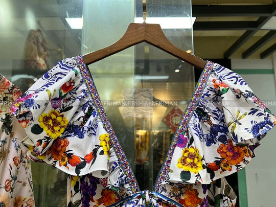 Women V Neck Crystal Beaded Flying Sleeve Retro Flower Print Elastic.