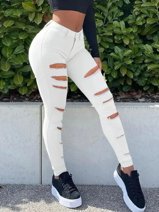 Women Ripped Casual Jeans Skinny Stretch Button Pocket Shapewear