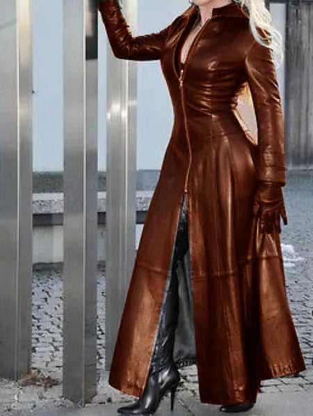 Women's PU Leather Dr Slim Fit Zipper Long Coat Collar Dr Autumn Winter Large Size Street Sle High Waist Long Skirt