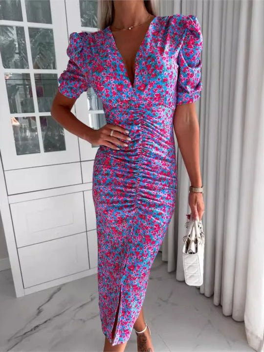 Summer Elegant Floral Long Dress For Women Sexy V Neck High Waist Short Sleeve Slim Package Hip Dress Female Office Lady Vestido