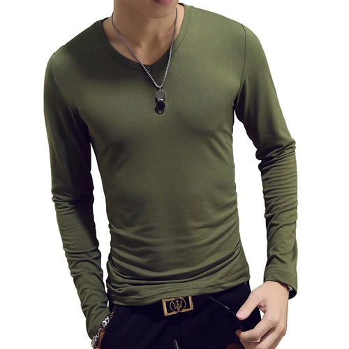 White Solid Color Basic Slim Men T-shirt Spring Autumn Bottoming Shirt