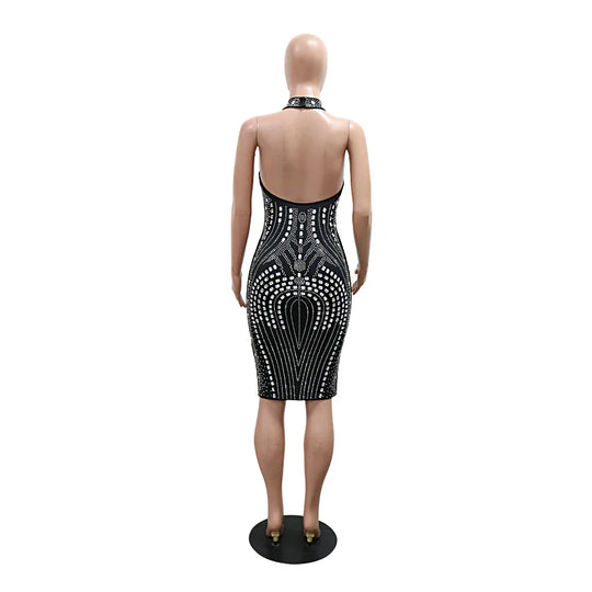 Backless Dress Sexy Wrap Buttocks Vestidos Women Party Dresses Sheath Slim Fit Spliced Summer Diamonds Knee Length