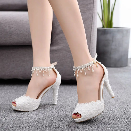 Women High Heel Shoes for Female Pointed Fashion Sandals Lace Pearl Platform PU 10CM Thin Heels Peep Toe Dress Woman Shoes