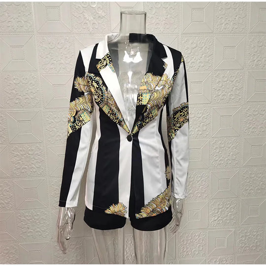 Fashion Turn-down Collar Printed Top Pants Set Women Elegant Full Sleeve Top Short Pants Suit Lady Summer Chic Casual Sets