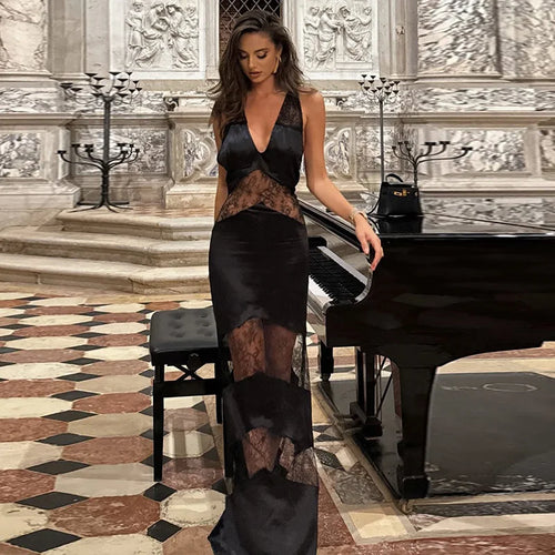 Lace See Through Sling Maxi Dress Women Sexy Slim Black Backless
