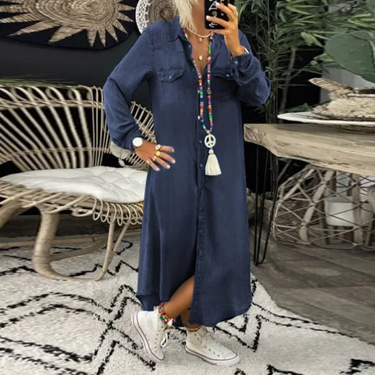 Women Fashion Long Dress Long Sleeve Shirt Dress Women's Denim Long Dress Pocket Button Shirt Casual Loose Dress