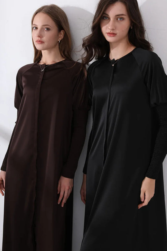 AS 2024 woman clothing satin dress button down design smocking sleeve