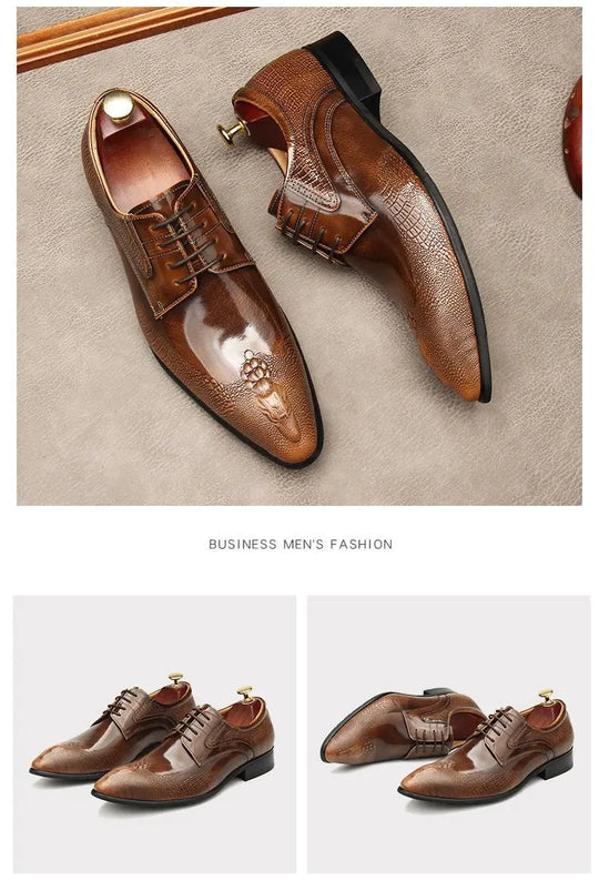 Men's Trendy Genuine Leather British-style Pointed Toe Dress Shoes, Lace-Up Business Formal Oxfords Shoes