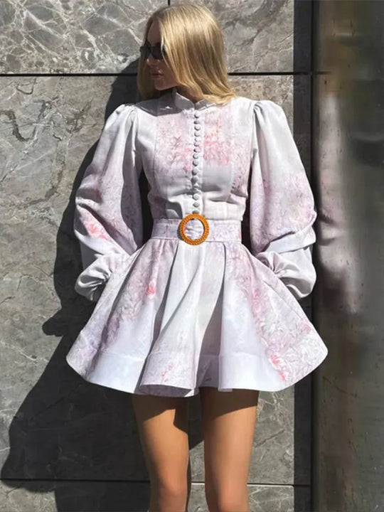 Elegant Women's Printed Dress Long Sleeve O-Neck Button Lady Dresses With Belt Summer Fashion Female Party Short Dress