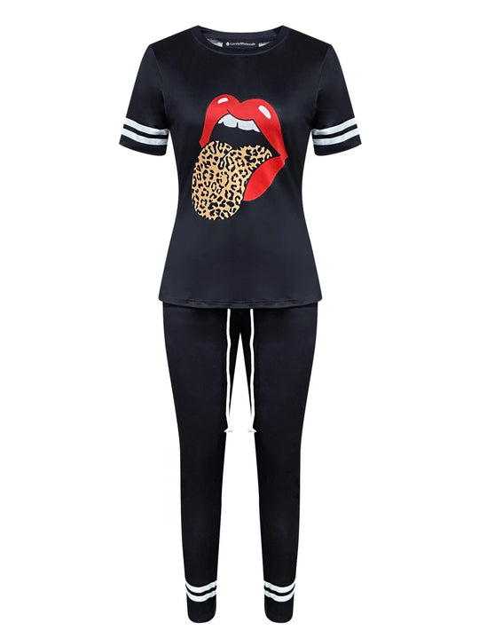 LW Leopard Lip Print Striped Drawstring Two Pieces Pants Set Matching Outfits Short Sleeve Loose Crew Neck Top & Skinny Leggings